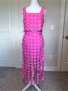 Pink Crop Top Mini Skirt Circle Polkadot Fringe Back Zippers Sz Small Just Me